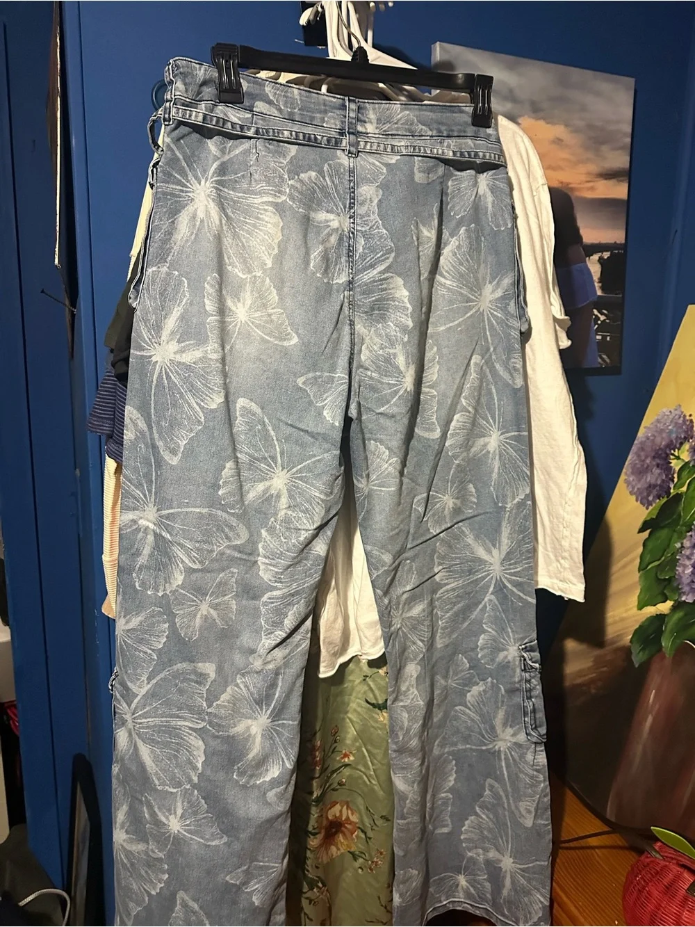 Vibrant Denim Cargo Pants Butterfly Print, 15, NWT